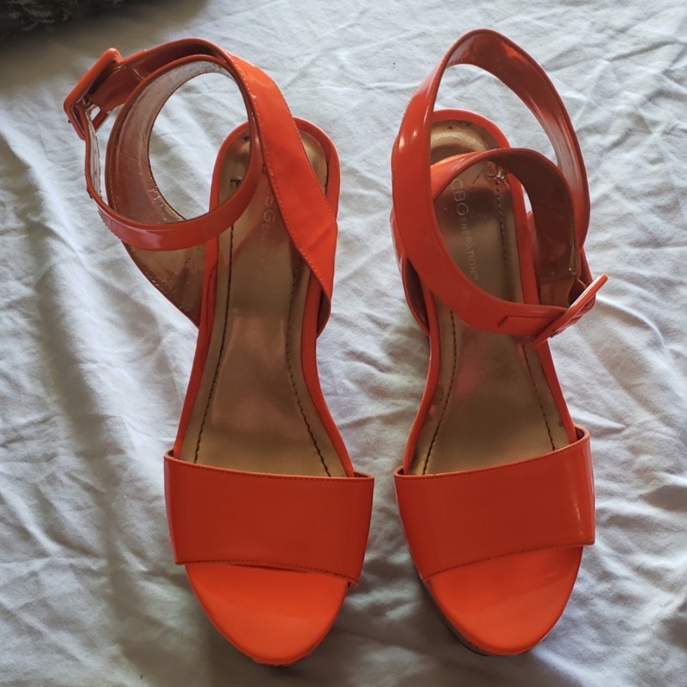 BCBG Neon Orange Ankle Wrapped Wedge